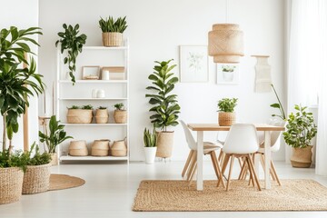 Bright, modern dining area with abundant plants and natural textures