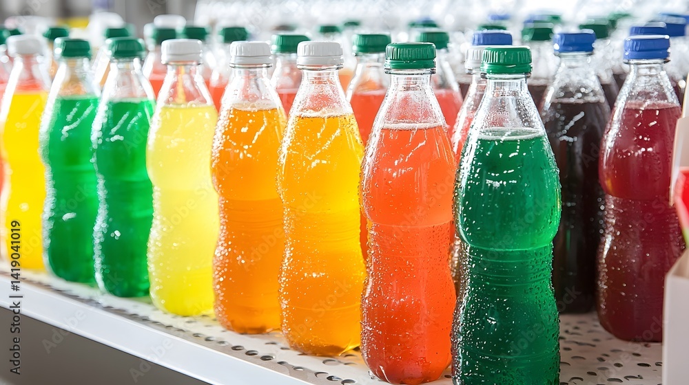 Poster streamlined energy drink bottling process on a high efficiency automated production line in a modern