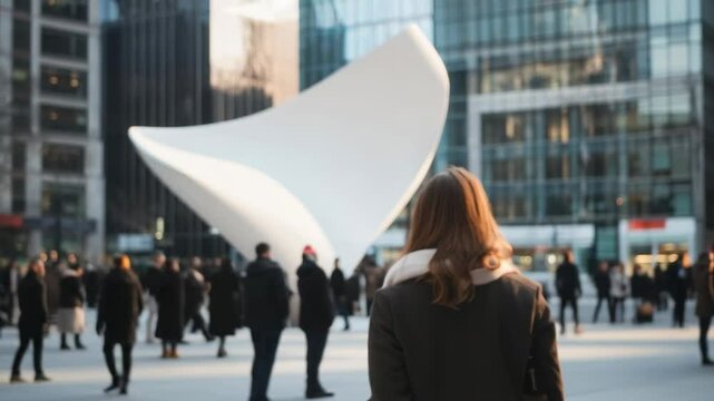 Female observer in bustling urban square with modern sculpture