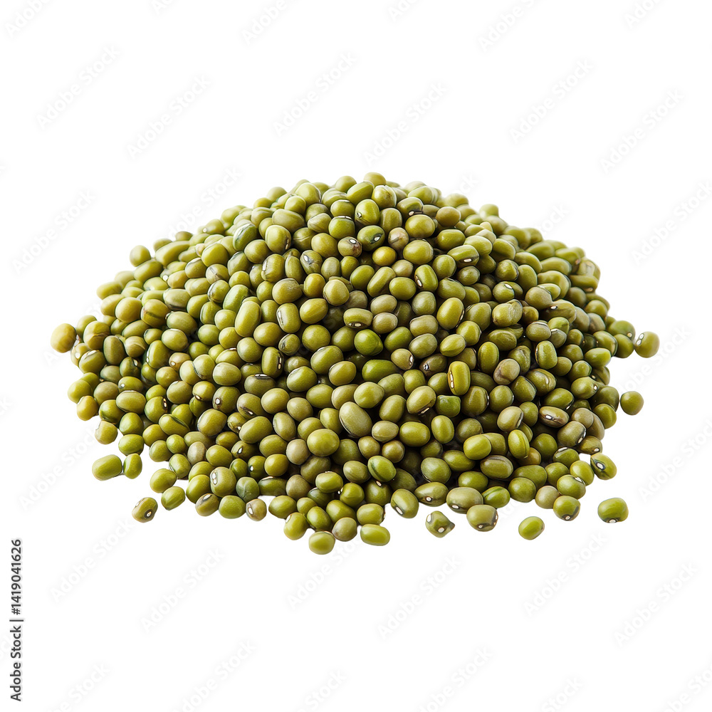 Poster raw green mung beans stacked in a neat pile on a transparent background showcasing their vibrant col