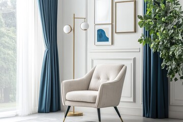 Cozy, modern living room with accent chair, art, and floor lamp