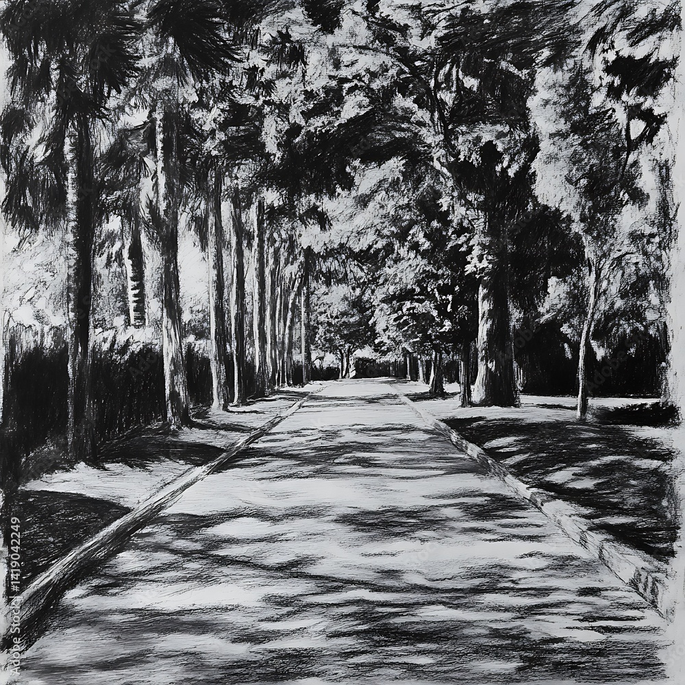 Aufkleber monochromatic photograph depicting a pathway lined with tall trees, creating a tunnel like effect. t