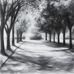 Monochromatic landscape drawing depicting a pathway lined with trees, shaded areas, and a softly lit background. The image showcases various shades of gray, creating depth and contrast. The trees and