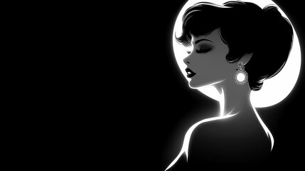 Elegant woman, moonlit profile, dark background, art deco style, poster