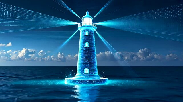 Futuristic digital lighthouse projecting glowing blue light over dark ocean