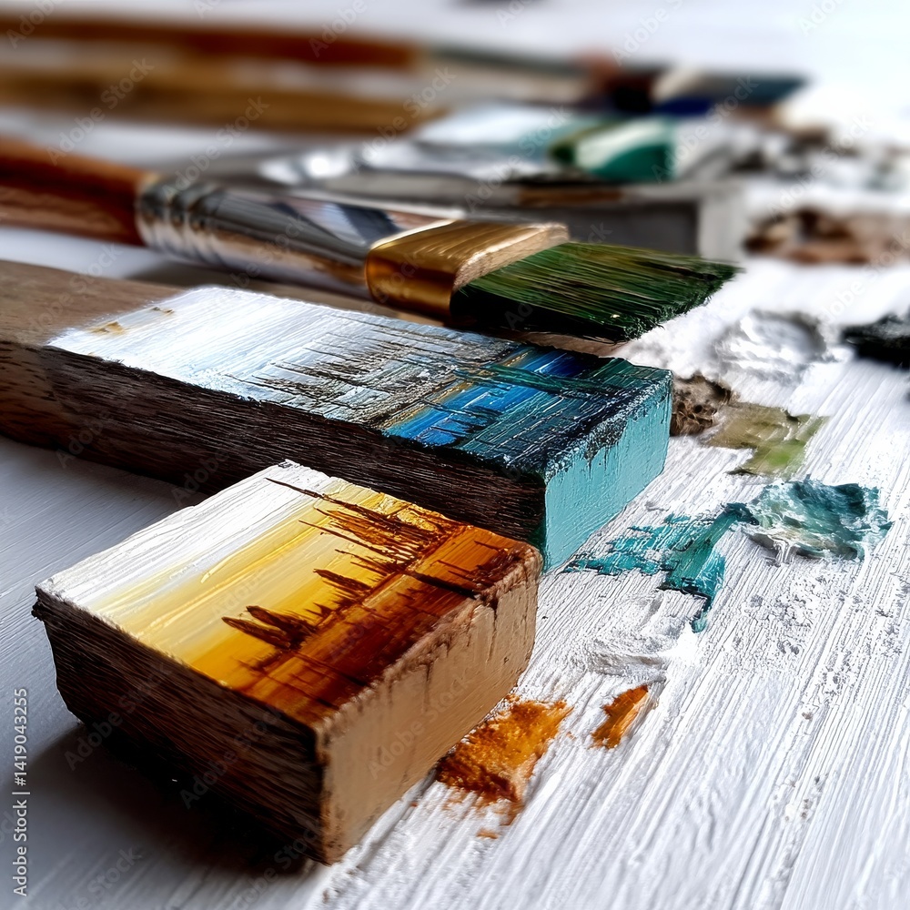 Poster palette of color: close-up of paintbrushes and blocks with various paint strokes on textured white b