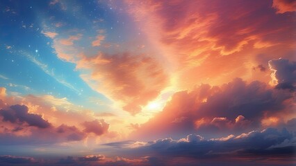 A vibrant sky filled with swirling clouds, illuminated by a radiant burst of light at the center