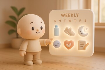 Wellness Advocate: A charming cartoon character joyfully presenting a daily plan of health and well-being, including hydration, exercise, sleep, and mindfulness for a holistic lifestyle.