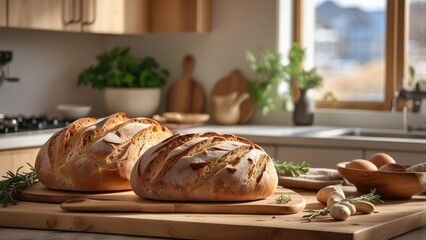 crusty artisan loaves with cross-shaped cuts on top rest on a wooden cutting board