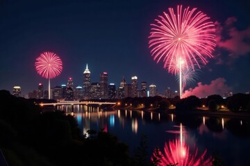 Vibrant fireworks illuminate Philly skyline, Washington statue central , celebration, night