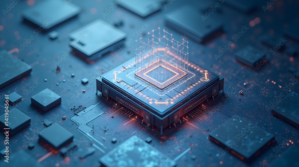Aufkleber Advanced microprocessor with glowing circuitry on a blue circuit board in a modern digital environment