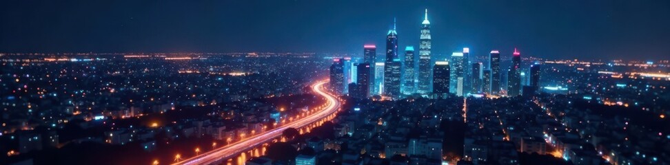 Fototapeta premium Night cityscape, complex financial graph overlay, growth, market