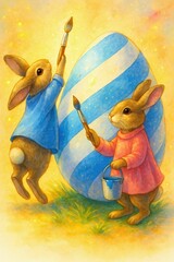 Cute Easter Bunnies Painting a Giant Egg in Watercolor Style