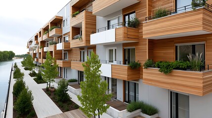 Fototapeta premium Modern Waterfront Apartment Building with Wooden Facades and Balconies