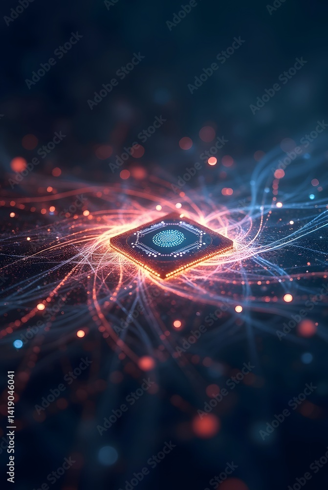 Poster Advanced microchip technology glowing within a network of colorful data streams in a futuristic digital environment