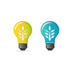Two vibrant light bulbs, one yellow and one blue, featuring leaf designs, set against a clean background, symbolizing eco-friendly energy solutions , isolated on white or transparent png