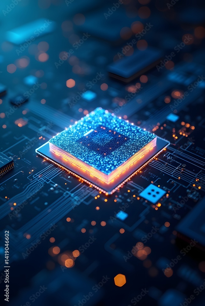 Poster Microchip illuminated by glowing circuits showcases advanced technology in a digital environment