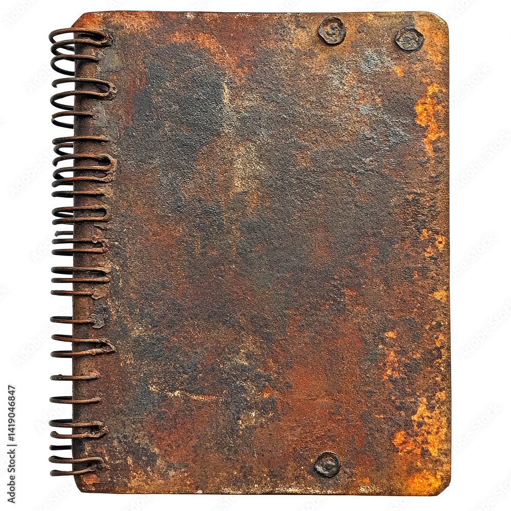 Aufkleber rusty spiral notebook resting on a transparent background showcasing its aged and weathered texture 