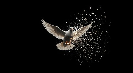Obraz premium White Dove Disintegrating Into Fragments in Dark Background