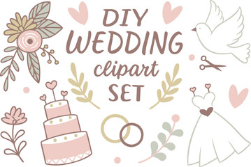 DIY Wedding Clipart Set for Invitations and Decorations. Romantic Wedding Clipart Bundle for Planners and Crafts. Elegant DIY Wedding Clipart Collection with Florals and Details. Pastel Wedding
