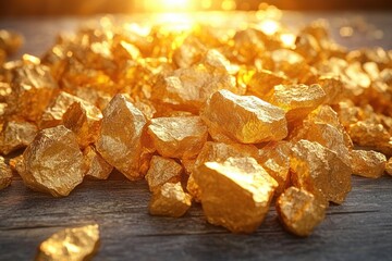Close up of gold nuggets on wooden surface with warm sunlight and metallic textures