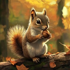Obraz premium Adorable squirrel eating nut in autumn forest
