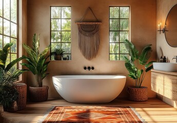 Cozy bohemian bathroom with freestanding bathtub wooden textures and natural greenery warm earthy tones natural light Scandinavian Boho style