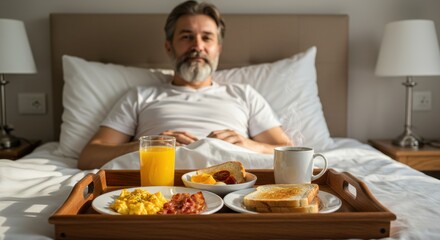 Middle Aged Man Enjoying Breakfast in Bed