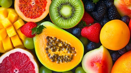 Exotic tropical fruit and plant extracts for wellness and natural skincare products  Botanical leaves foliage and vibrant colors in an abstract natural background