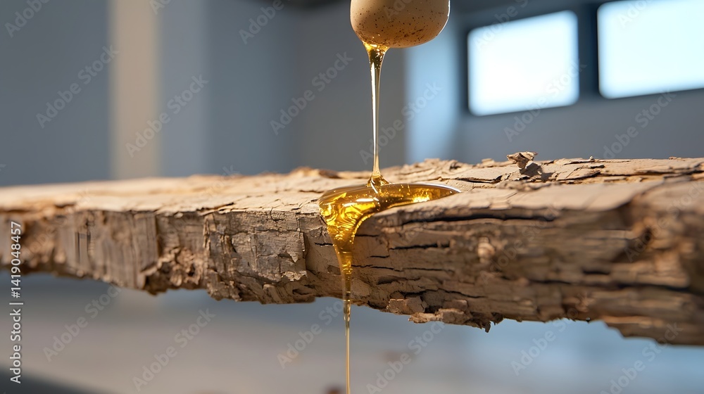 Poster mesmerizing golden liquid flowing and dripping from a rare bark extraction creating a dynamic and na