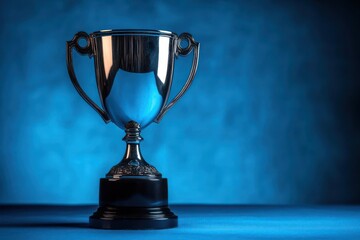 Shiny silver trophy with deep shadows on blue background minimalist sports award competition achievement success pride winner victory