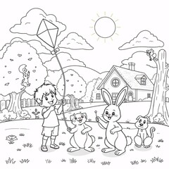 Fototapeta premium A boy and a bunny playing with a kite in the garden with their dog friends
