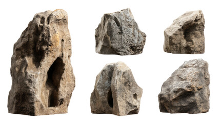 five grey rocks isolated, transparent background