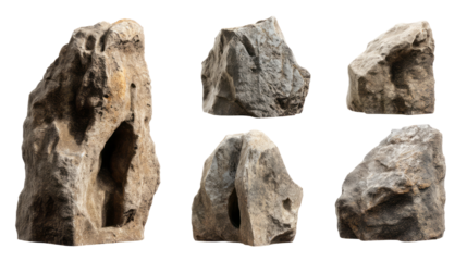 five grey rocks isolated, transparent background