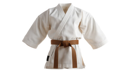 a white karate uniform with a brown belt. isolated, transparent background