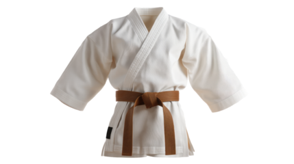 a white karate uniform with a brown belt. isolated, transparent background