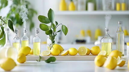 Rare and aromatic citrus essence being delicately vaporized in a sleek modern and high tech setting creating a luxurious and rejuvenating ambiance