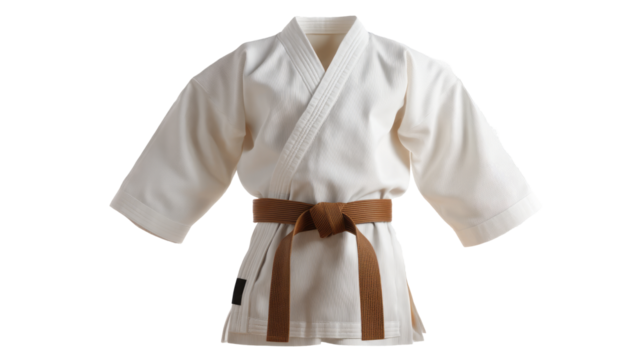 a white karate uniform with a brown belt. isolated, transparent background