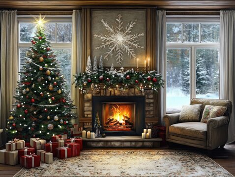 Cozy Christmas living room with decorated tree presents lit fireplace snowy window traditional oil painting warm glow symmetrical composition