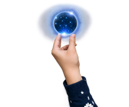 Whimsical Illustration of a Hand Gently Holding a Glowing Celestial Sphere Representing Dreams, Imagination and Creative Inspiration, Infused with Starry Magic