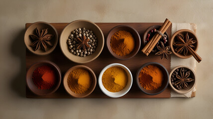 Fototapeta premium minimalist flat lay of assorted spices on rustic surface – top view composition