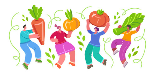 Happy people with big vegetables. Organic farm food, farming or gardening. Healthy eating, dietary nutrition