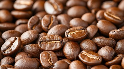 Fototapeta premium Closeup of freshly roasted coffee beans with a rich caramel brown color and a glistening oily texture This image is perfect for use in cafe bakery or beverage related content products and marketing