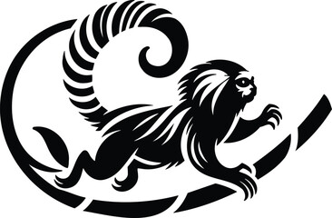 Playful marmoset leaps between branches in a bold silhouette