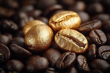 Macro closeup of golden and brown coffee beans on dark background with dramatic lighting highlighting luxury and rich texture
