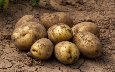Dirty fresh brown potatoes on the dirt ground