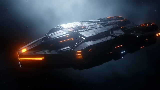 A sleek spaceship navigates through the vastness of outer space, glowing with orange lights against a backdrop of deep darkness. The craft exudes a sense of advanced technology