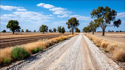 Fototapeta premium Scenic Country Road Cutting Through Australian Outback Farmland Under a Blue Sky