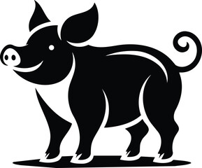 Playful pig standing silhouette with perky ears and curved tail