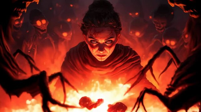 Witch casting a powerful spell surrounded by skeletons and spiders in a dark mystical environment